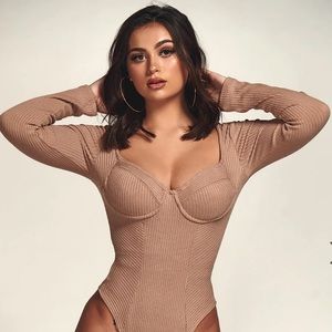 Ribbed Long Sleeve Bustier Bodysuit